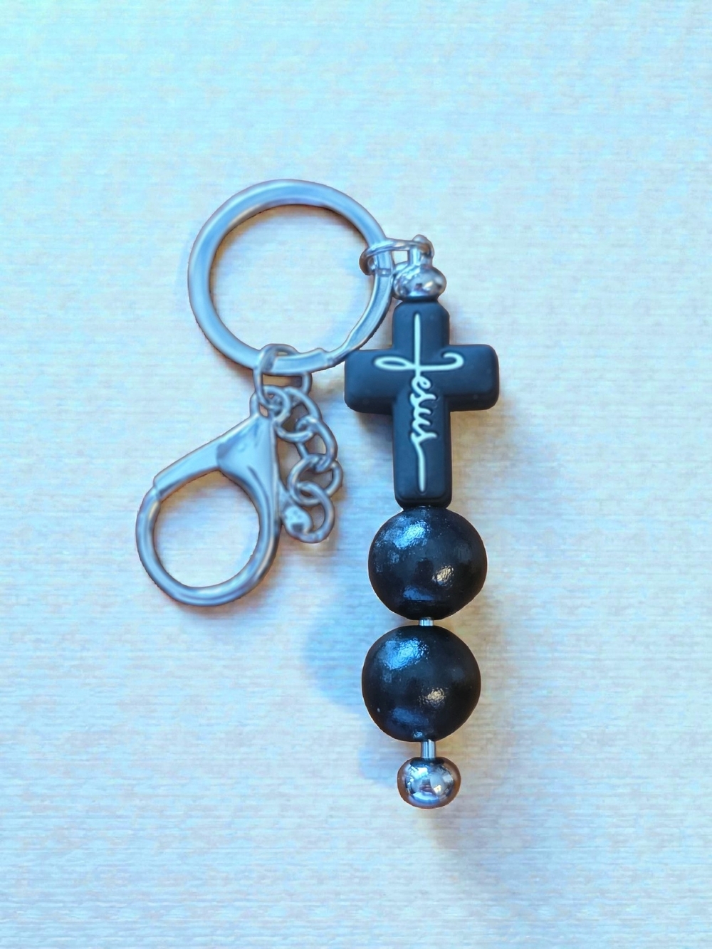 Jesus Cross Solid Black Silicone Bead Keychain Purse Charm